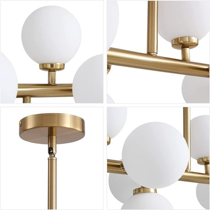 Luminaire linéaire à suspension Sputnik à 16 lumières, style moderne du milieu du siècle, en laiton doré, 40 po, avec globe en verre dépoli pour salle à manger