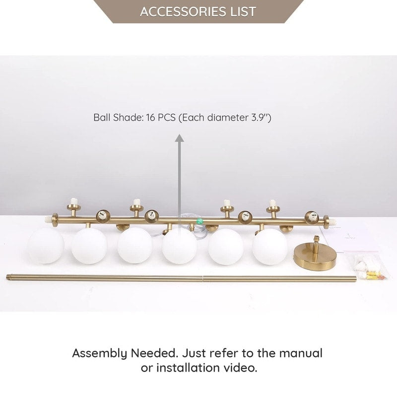 Luminaire linéaire à suspension Sputnik à 16 lumières, style moderne du milieu du siècle, en laiton doré, 40 po, avec globe en verre dépoli pour salle à manger