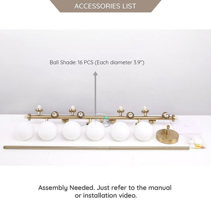 Luminaire linéaire à suspension Sputnik à 16 lumières, style moderne du milieu du siècle, en laiton doré, 40 po, avec globe en verre dépoli pour salle à manger