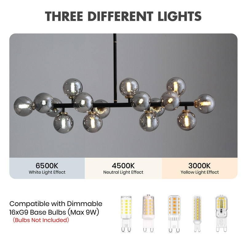 Luminaire linéaire à suspension Sputnik à 16 lumières, style moderne du milieu du siècle, en laiton doré, 40 po, avec globe en verre dépoli pour salle à manger