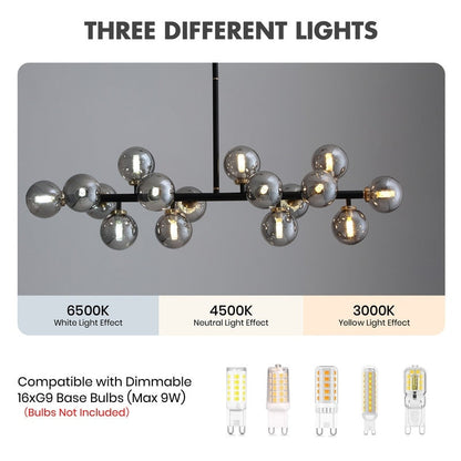 Luminaire linéaire à suspension Sputnik à 16 lumières, style moderne du milieu du siècle, en laiton doré, 40 po, avec globe en verre dépoli pour salle à manger