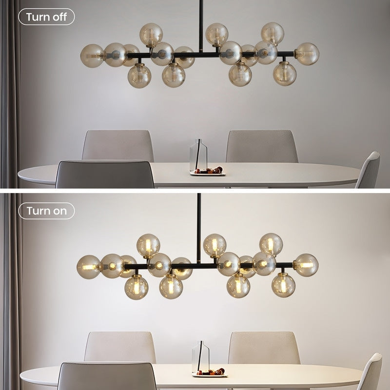 Luminaire linéaire à suspension Sputnik à 16 lumières, style moderne du milieu du siècle, en laiton doré, 40 po, avec globe en verre dépoli pour salle à manger