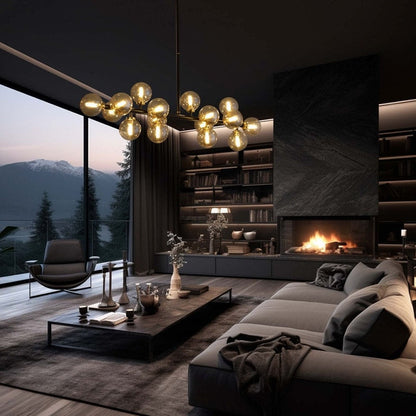 Luminaire linéaire à suspension Sputnik à 16 lumières, style moderne du milieu du siècle, en laiton doré, 40 po, avec globe en verre dépoli pour salle à manger