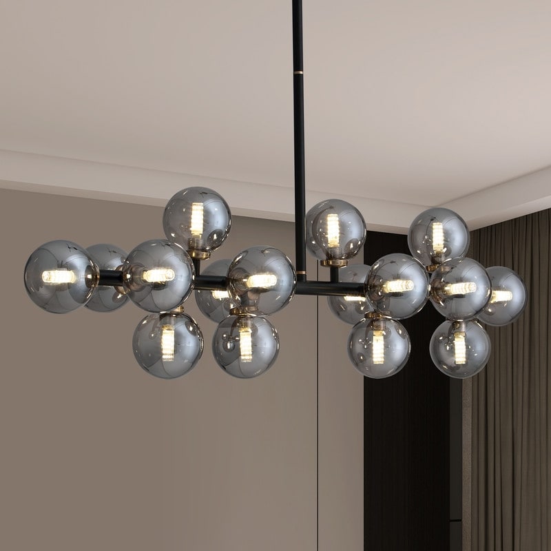 Luminaire linéaire à suspension Sputnik à 16 lumières, style moderne du milieu du siècle, en laiton doré, 40 po, avec globe en verre dépoli pour salle à manger