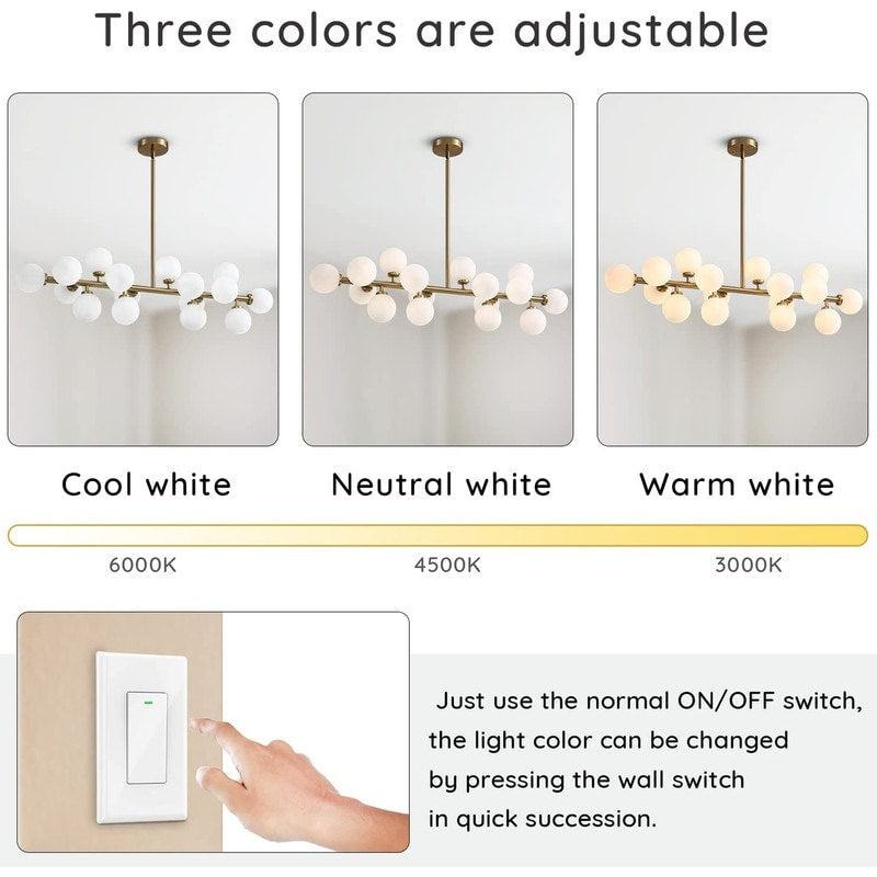 Luminaire linéaire à suspension Sputnik à 16 lumières, style moderne du milieu du siècle, en laiton doré, 40 po, avec globe en verre dépoli pour salle à manger