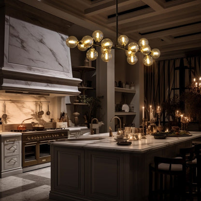 Luminaire linéaire à suspension Sputnik à 16 lumières, style moderne du milieu du siècle, en laiton doré, 40 po, avec globe en verre dépoli pour salle à manger