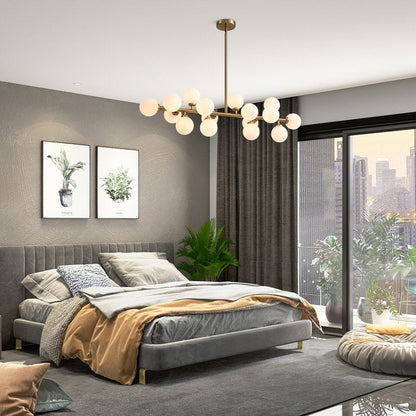 Luminaire linéaire à suspension Sputnik à 16 lumières, style moderne du milieu du siècle, en laiton doré, 40 po, avec globe en verre dépoli pour salle à manger