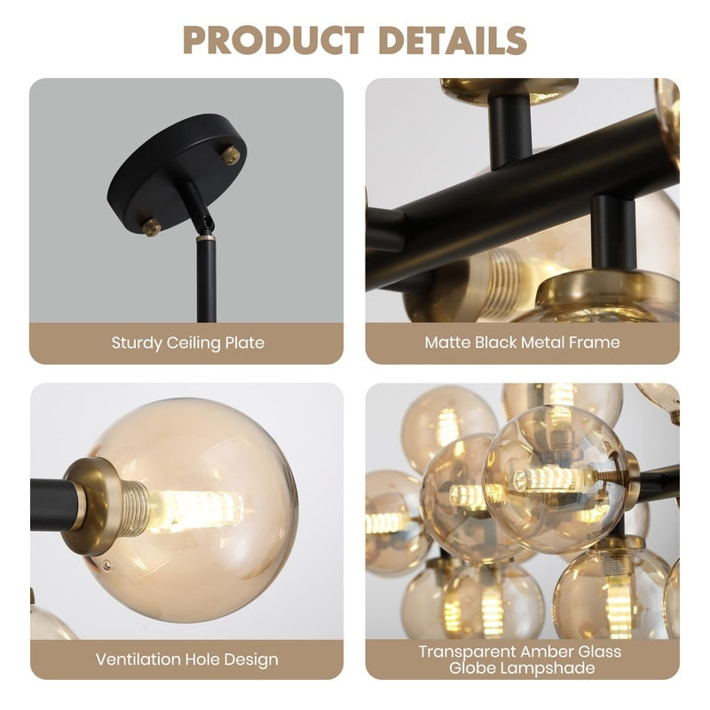 Luminaire linéaire à suspension Sputnik à 16 lumières, style moderne du milieu du siècle, en laiton doré, 40 po, avec globe en verre dépoli pour salle à manger