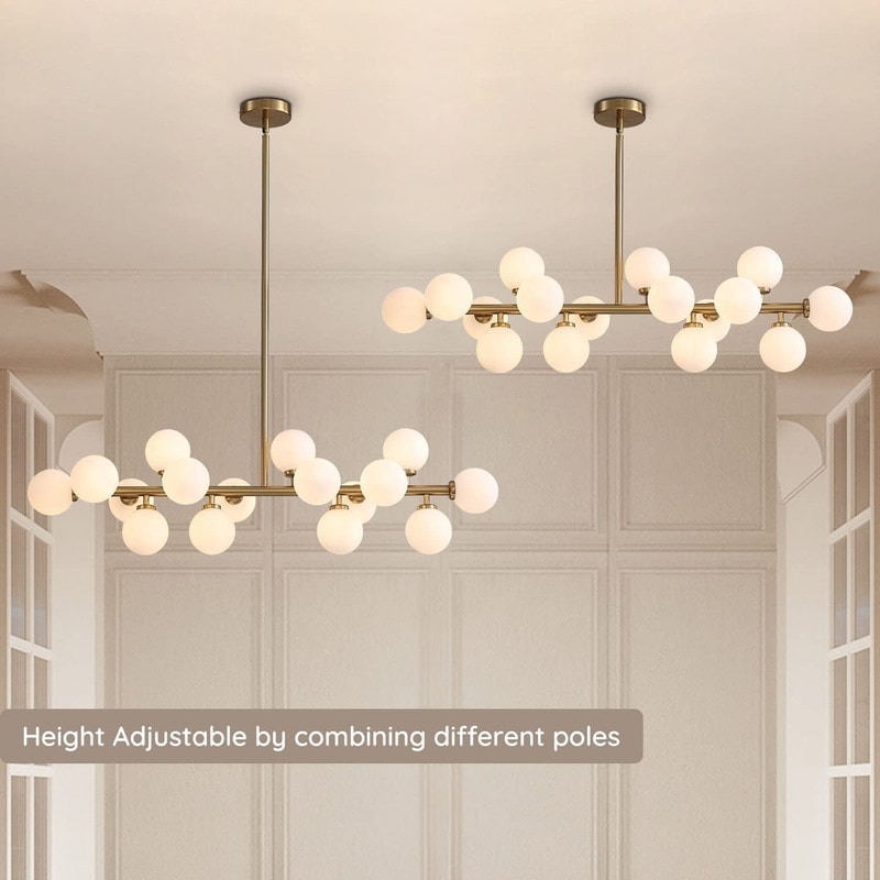 Luminaire linéaire à suspension Sputnik à 16 lumières, style moderne du milieu du siècle, en laiton doré, 40 po, avec globe en verre dépoli pour salle à manger