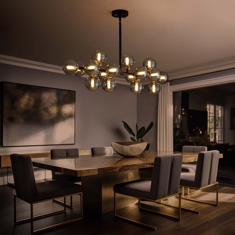 Luminaire linéaire à suspension Sputnik à 16 lumières, style moderne du milieu du siècle, en laiton doré, 40 po, avec globe en verre dépoli pour salle à manger