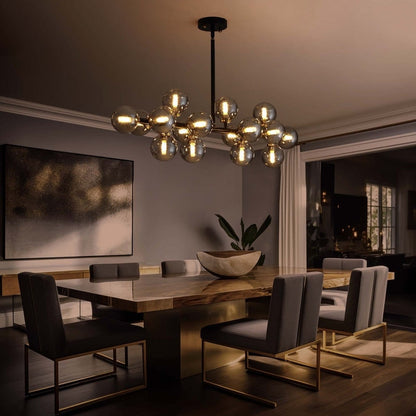 Luminaire linéaire à suspension Sputnik à 16 lumières, style moderne du milieu du siècle, en laiton doré, 40 po, avec globe en verre dépoli pour salle à manger