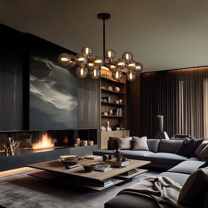 Luminaire linéaire à suspension Sputnik à 16 lumières, style moderne du milieu du siècle, en laiton doré, 40 po, avec globe en verre dépoli pour salle à manger