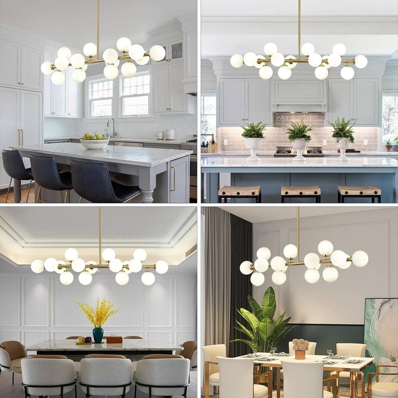 Luminaire linéaire à suspension Sputnik à 16 lumières, style moderne du milieu du siècle, en laiton doré, 40 po, avec globe en verre dépoli pour salle à manger