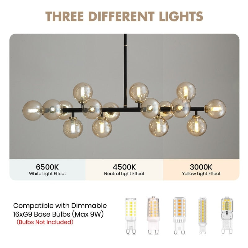 Luminaire linéaire à suspension Sputnik à 16 lumières, style moderne du milieu du siècle, en laiton doré, 40 po, avec globe en verre dépoli pour salle à manger