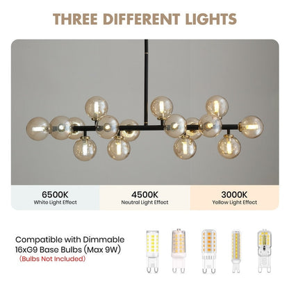 Luminaire linéaire à suspension Sputnik à 16 lumières, style moderne du milieu du siècle, en laiton doré, 40 po, avec globe en verre dépoli pour salle à manger