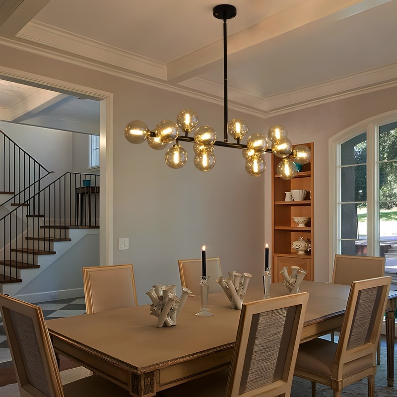 Luminaire linéaire à suspension Sputnik à 16 lumières, style moderne du milieu du siècle, en laiton doré, 40 po, avec globe en verre dépoli pour salle à manger
