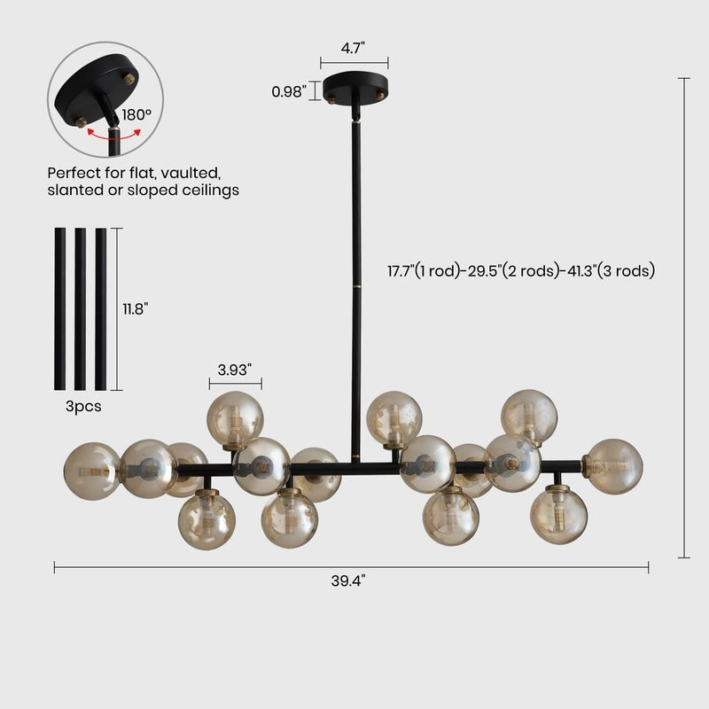 Luminaire linéaire à suspension Sputnik à 16 lumières, style moderne du milieu du siècle, en laiton doré, 40 po, avec globe en verre dépoli pour salle à manger