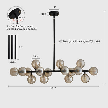 Luminaire linéaire à suspension Sputnik à 16 lumières, style moderne du milieu du siècle, en laiton doré, 40 po, avec globe en verre dépoli pour salle à manger
