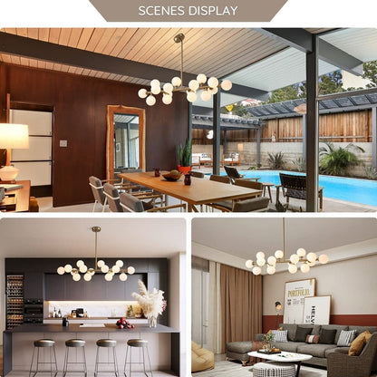 Luminaire linéaire à suspension Sputnik à 16 lumières, style moderne du milieu du siècle, en laiton doré, 40 po, avec globe en verre dépoli pour salle à manger