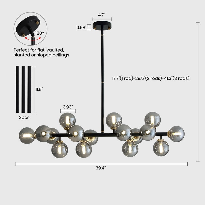 Luminaire linéaire à suspension Sputnik à 16 lumières, style moderne du milieu du siècle, en laiton doré, 40 po, avec globe en verre dépoli pour salle à manger