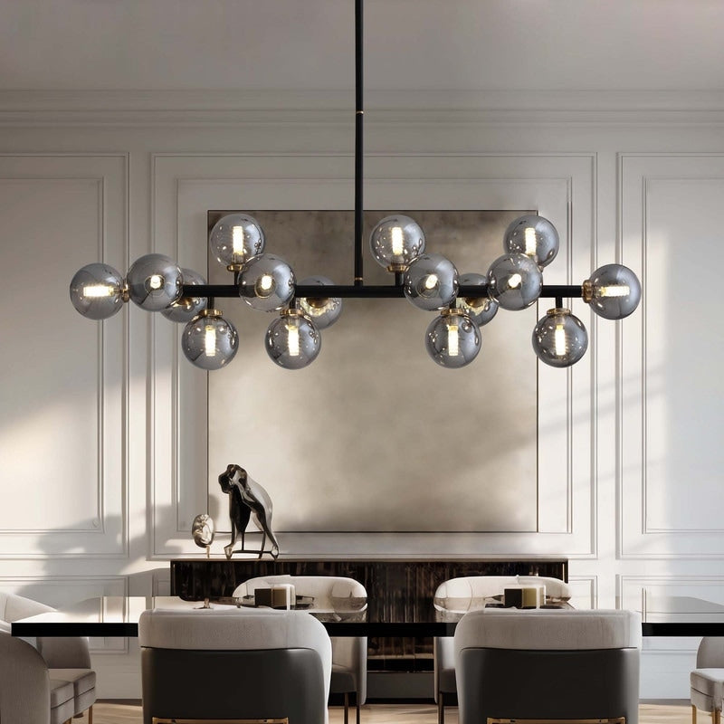 Luminaire linéaire à suspension Sputnik à 16 lumières, style moderne du milieu du siècle, en laiton doré, 40 po, avec globe en verre dépoli pour salle à manger