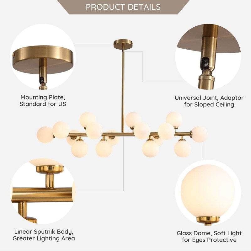 Luminaire linéaire à suspension Sputnik à 16 lumières, style moderne du milieu du siècle, en laiton doré, 40 po, avec globe en verre dépoli pour salle à manger