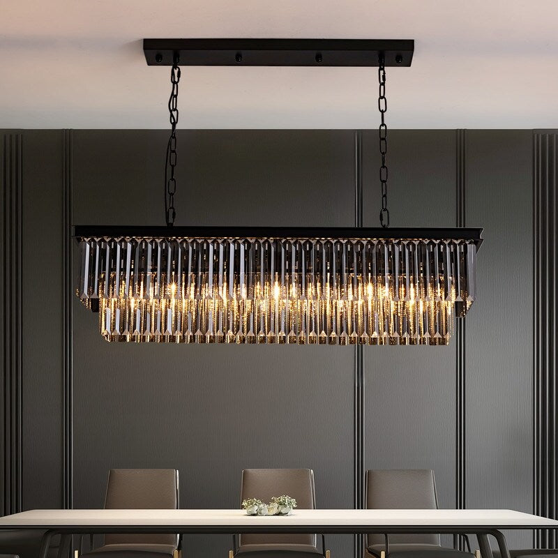 Luminaire suspendu à 2 niveaux pour îlot de cuisine, salle à manger, style moderne et contemporain, en cristal gris fumé et noir, 47 po.