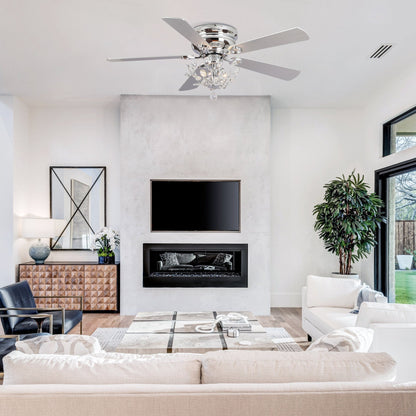 Ventilateur de plafond moderne à 5 pales réversibles, à montage encastré, avec télécommande, 48 pouces, en cristal.