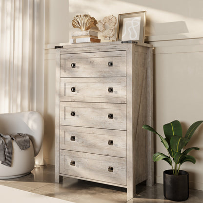 Commode haute de style farmhouse à 5 tiroirs, 48 pouces, en bois, pour chambre à coucher