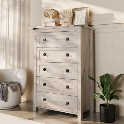 Commode haute de style farmhouse à 5 tiroirs, 48 pouces, en bois, pour chambre à coucher