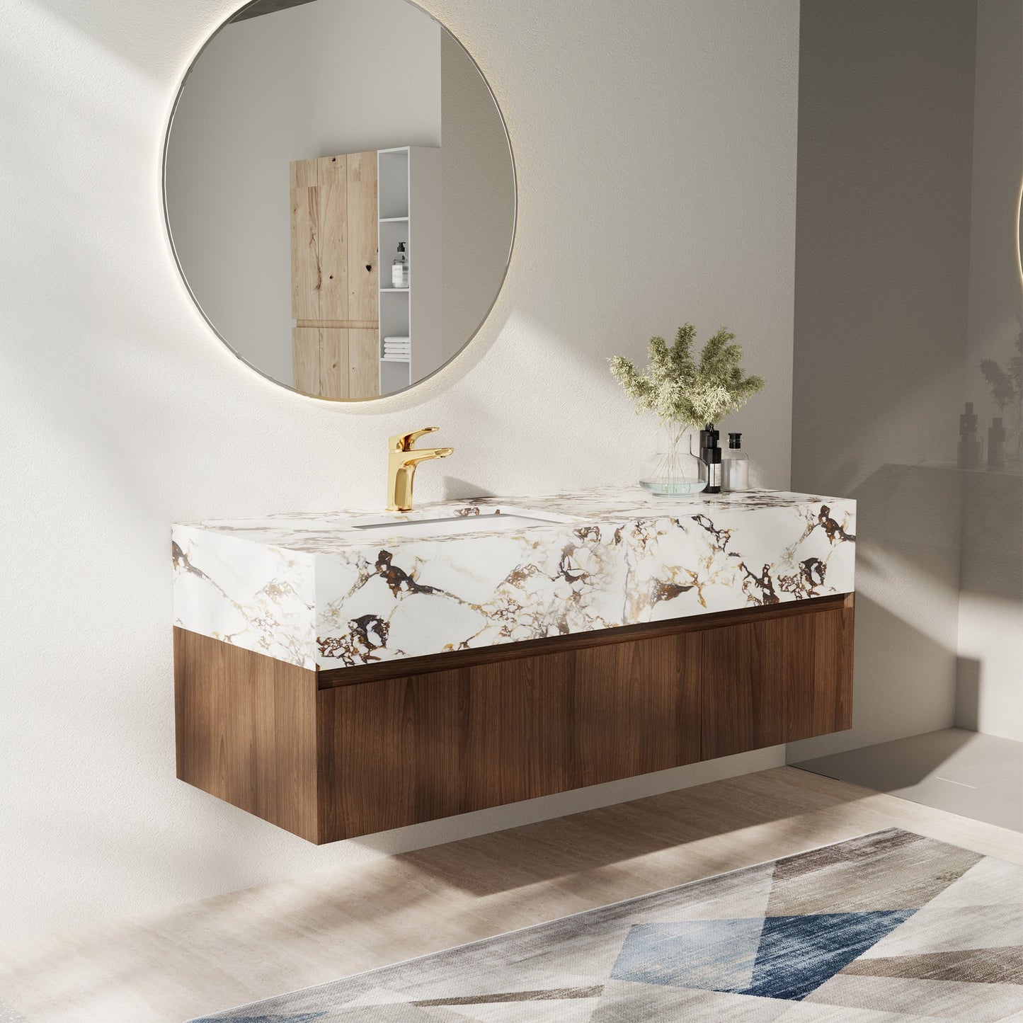 Meubles-lavabos de salle de bain simples modernes de 48 pouces, avec dessus en faux marbre brillant, en bois massif.