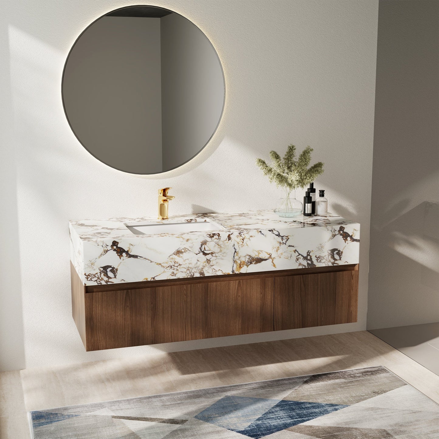 Meubles-lavabos de salle de bain simples modernes de 48 pouces, avec dessus en faux marbre brillant, en bois massif.