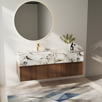 Meubles-lavabos de salle de bain simples modernes de 48 pouces, avec dessus en faux marbre brillant, en bois massif.