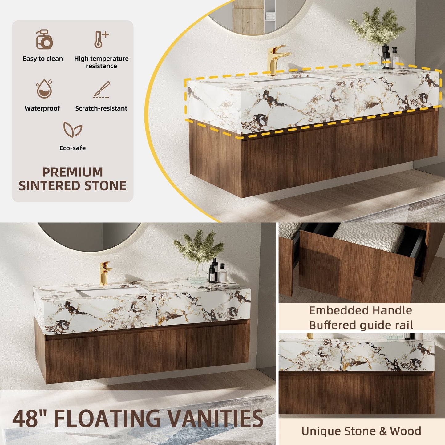Meubles-lavabos de salle de bain simples modernes de 48 pouces, avec dessus en faux marbre brillant, en bois massif.