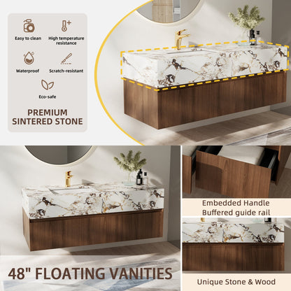 Meubles-lavabos de salle de bain simples modernes de 48 pouces, avec dessus en faux marbre brillant, en bois massif.