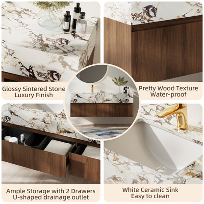 Meubles-lavabos de salle de bain simples modernes de 48 pouces, avec dessus en faux marbre brillant, en bois massif.