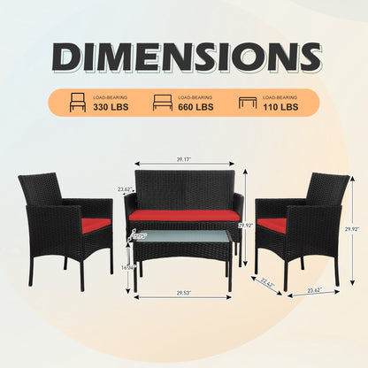 Ensemble de meubles en osier pour patio, 4 pièces, ensemble de meubles d'extérieur en rotin avec coussins