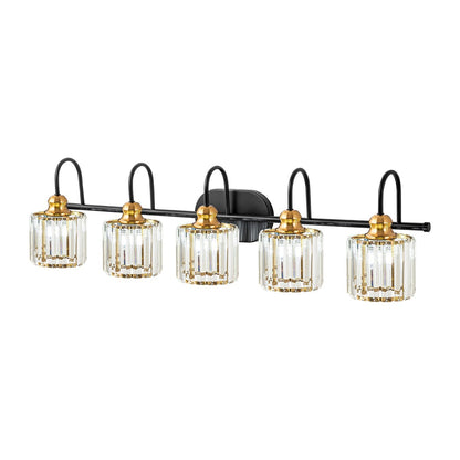 Ensemble de 5 luminaires linéaires à intensité variable pour salle de bain, style glamour, avec abat-jour en cristal cylindrique.