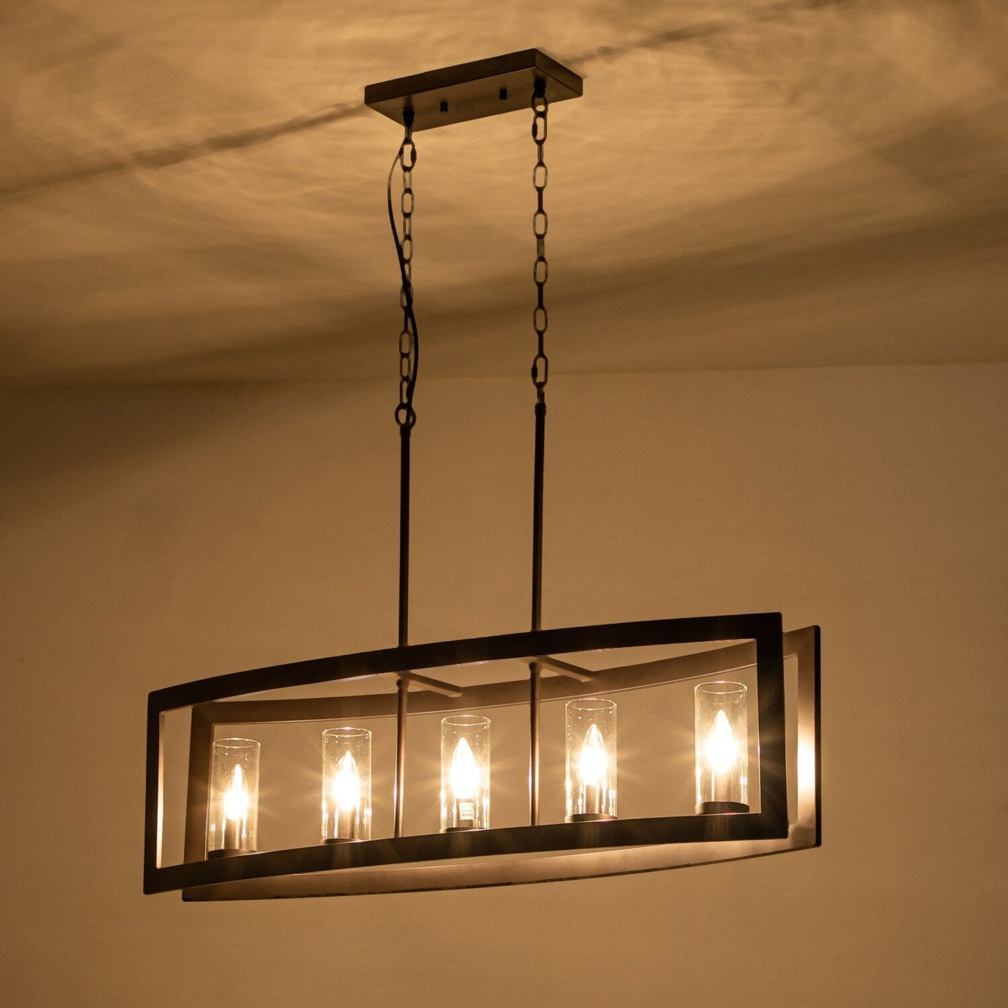 Luminaires suspendus industriels modernes à 5 lumières, style linéaire, pour salle à manger, style farmhouse, avec abat-jour cylindrique en verre transparent, pour îlot de cuisine.