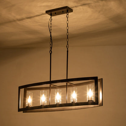 Luminaires suspendus industriels modernes à 5 lumières, style linéaire, pour salle à manger, style farmhouse, avec abat-jour cylindrique en verre transparent, pour îlot de cuisine.