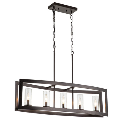 Luminaires suspendus industriels modernes à 5 lumières, style linéaire, pour salle à manger, style farmhouse, avec abat-jour cylindrique en verre transparent, pour îlot de cuisine.