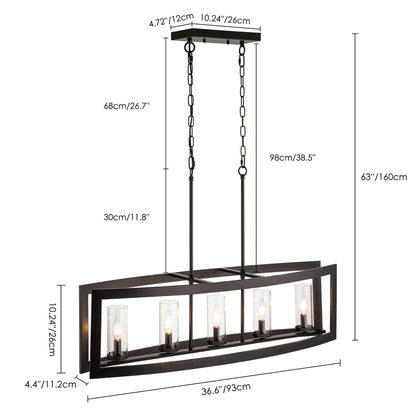 Suspension rectangulaire en verre vintage à 5 lumières, style industriel moderne du milieu du siècle, pour îlot de cuisine.
