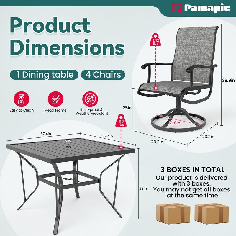 Ensemble de repas de jardin en métal 5 pièces avec table carrée et chaises pivotantes en Textilene