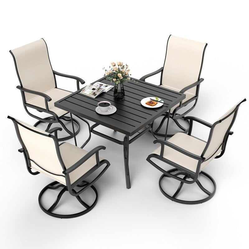 Ensemble de repas de jardin en métal 5 pièces avec table carrée et chaises pivotantes en Textilene