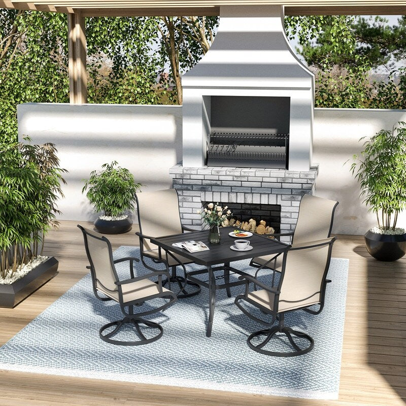 Ensemble de repas de jardin en métal 5 pièces avec table carrée et chaises pivotantes en Textilene