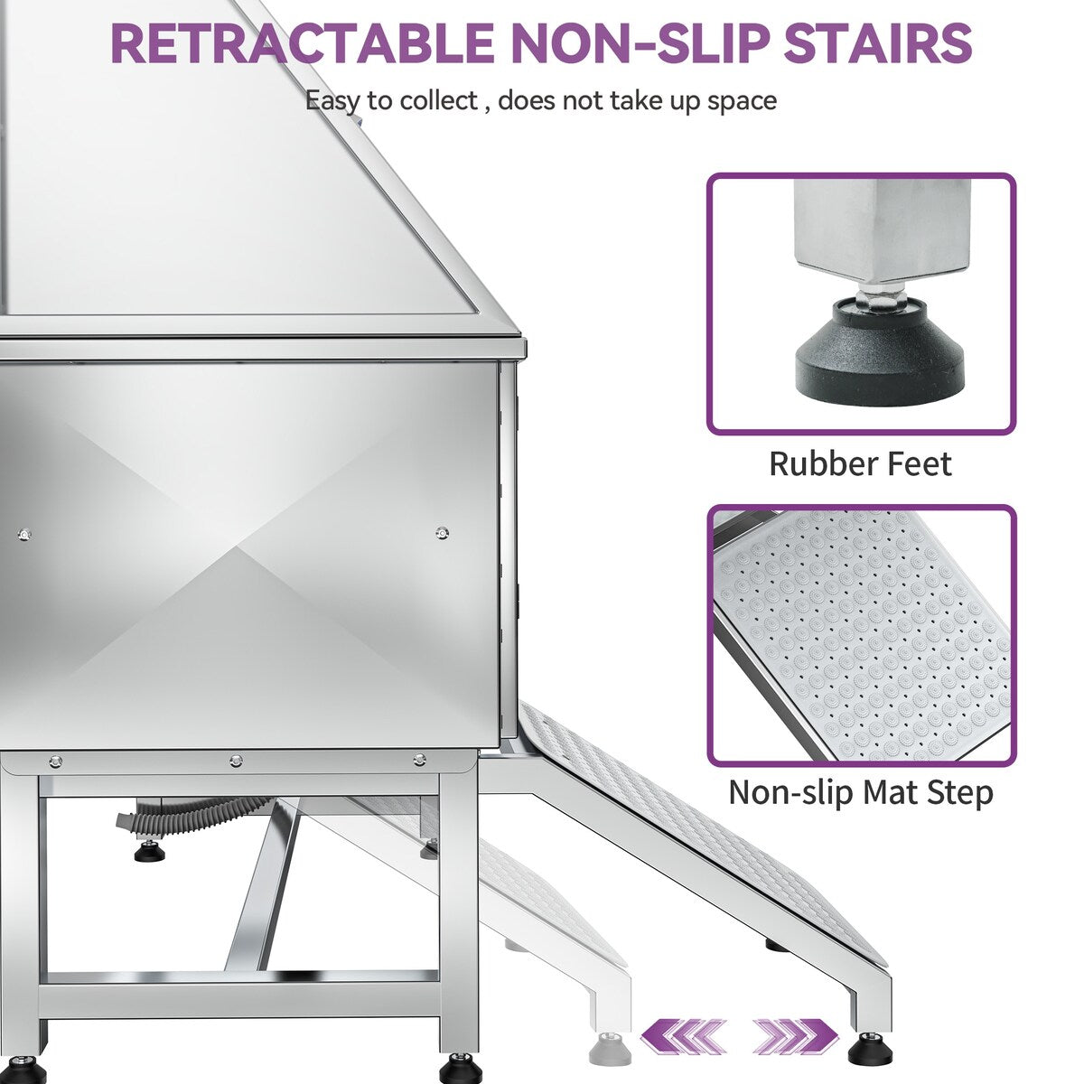 Baignoire de toilettage pour animaux de compagnie en acier inoxydable de 127 cm de large, réglable, avec rampe - Argent