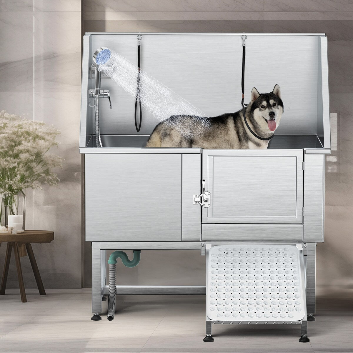 Baignoire de toilettage pour animaux de compagnie en acier inoxydable de 127 cm de large, réglable, avec rampe - Argent