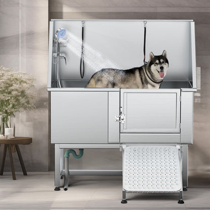 Baignoire de toilettage pour animaux de compagnie en acier inoxydable de 127 cm de large, réglable, avec rampe - Argent