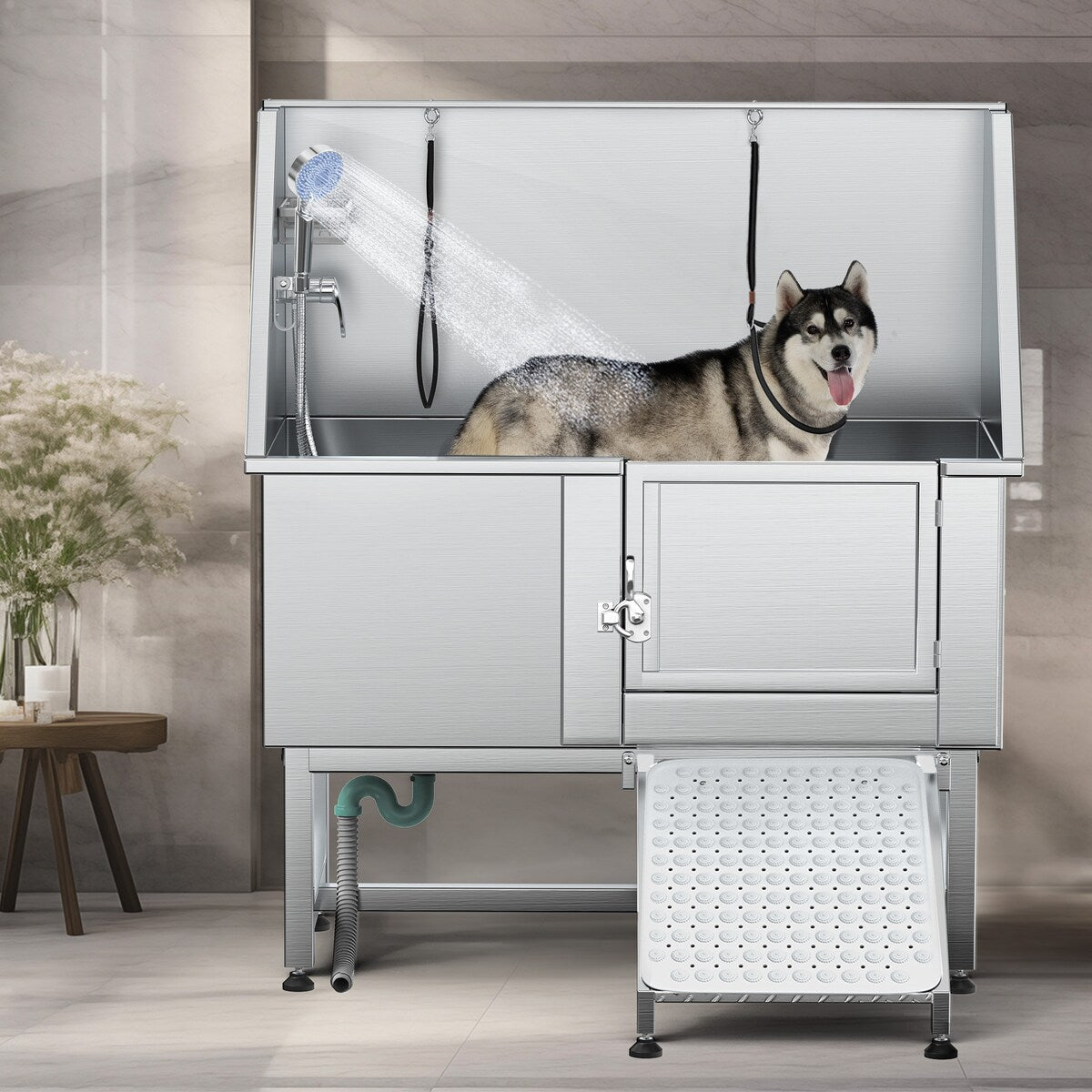 Baignoire de toilettage pour animaux de compagnie en acier inoxydable de 127 cm de large, réglable, avec rampe - Argent