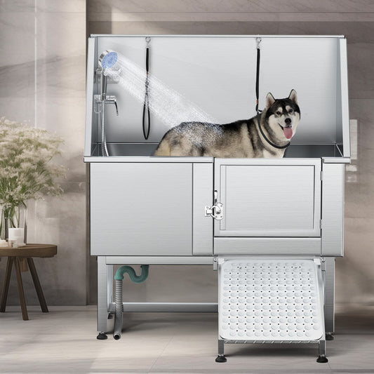 Baignoire de toilettage pour animaux de compagnie en acier inoxydable de 127 cm de large, réglable, avec rampe - Argent